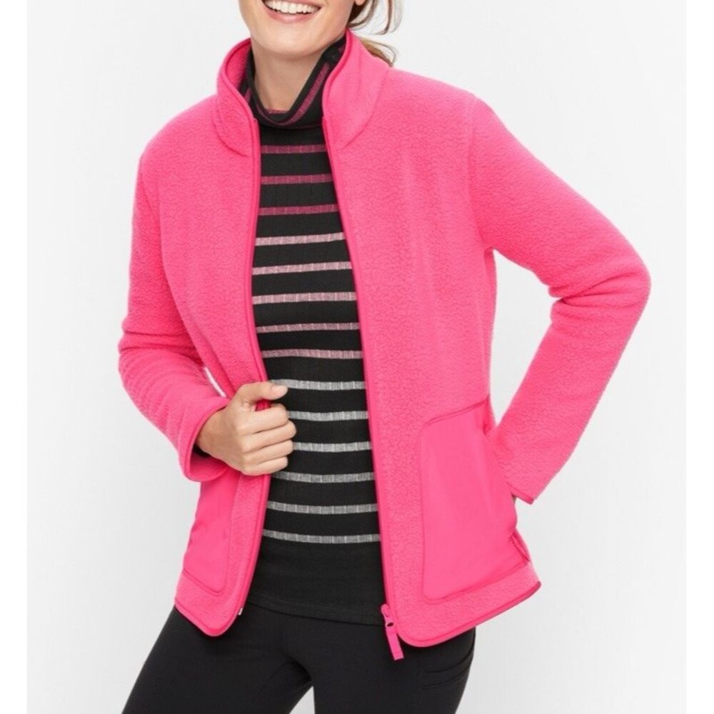 T by Talbots Full Zip Cozy Sherpa Jacket Hot‎ Pink Women's Petite Large Size LP